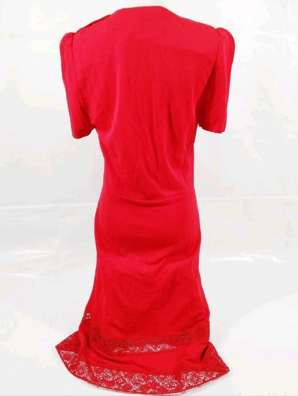 Louis Vuitton Red Short Sleeve Rayon Silk Cotton Polyester Lace Trim Midi Dress